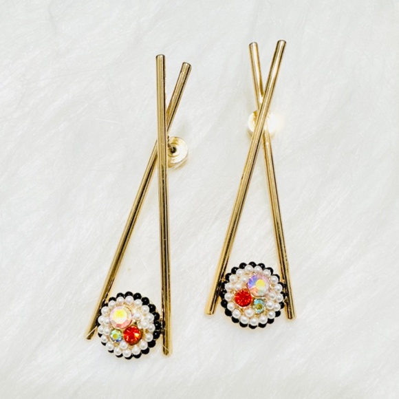 Sushi & Chopstick Gold-tone Novelty Statement Earrings - Picture 2 of 3